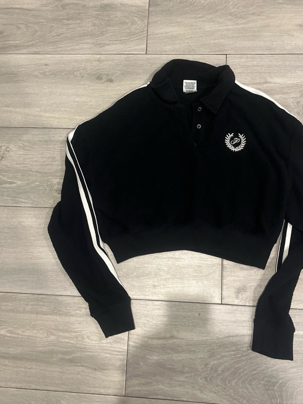 Victoria Secret PINK Cropped Black Polo Sweatshirt with White Stripe Detail